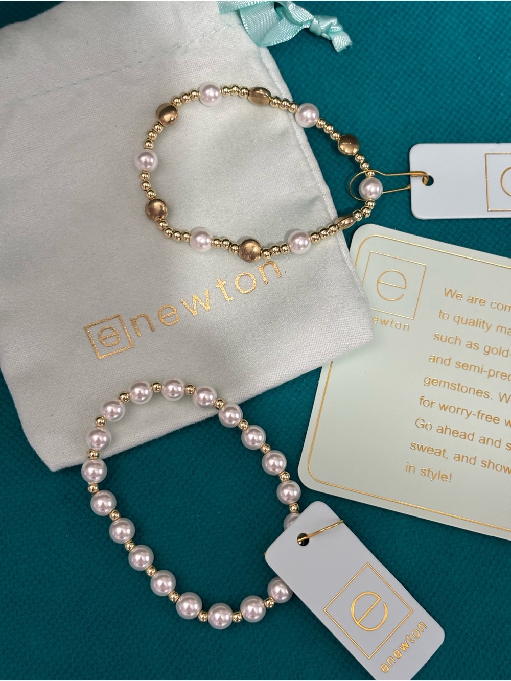E Newton Pearl and Gold Bead Stretch Bracelet Set